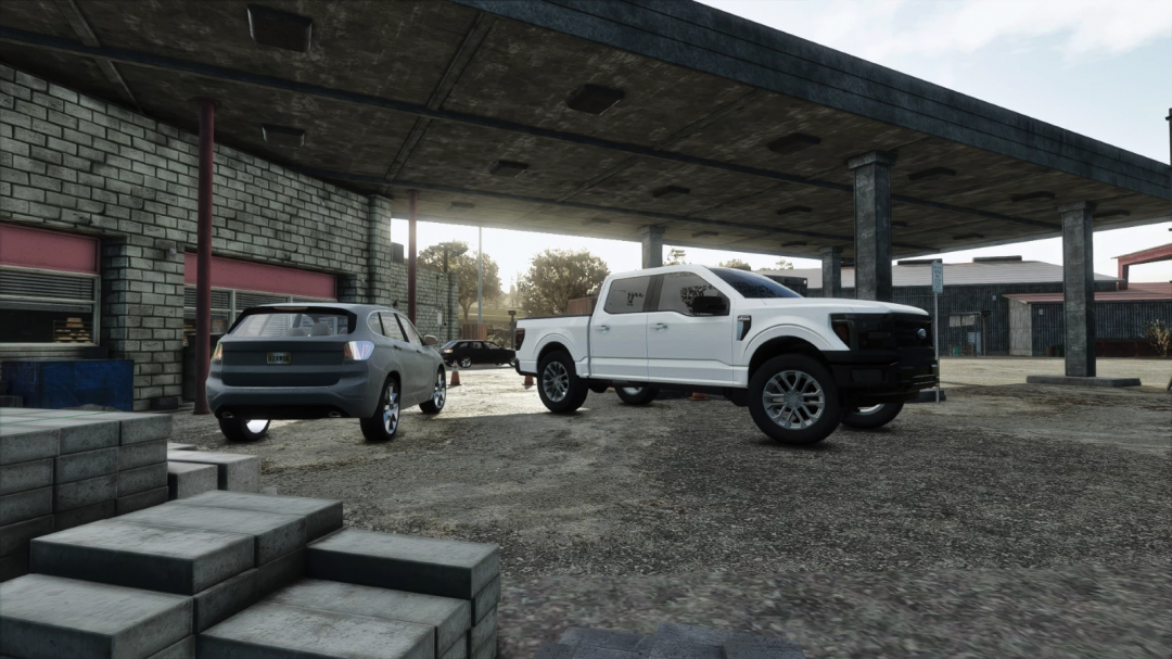 FS25 mod showcasing a 2024 Ford F-150 parked next to another vehicle in a gravel lot.