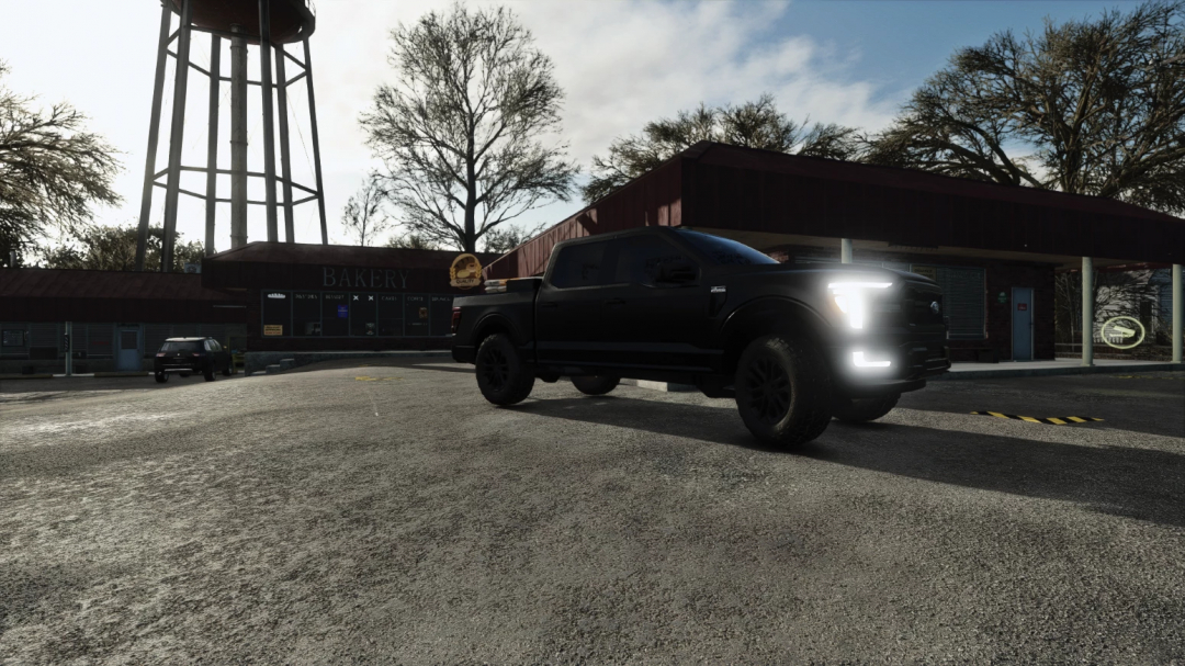 FS25 mod featuring a 2024 Ford F-150 parked by a bakery in Farming Simulator 25