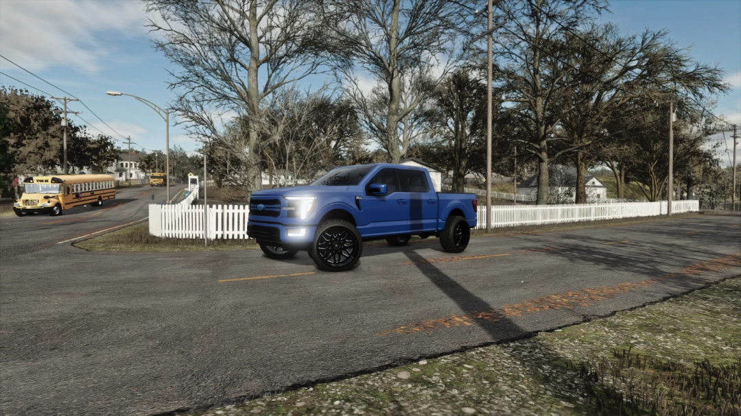 FS25 mod image of a 2024 Ford F-150 parked on a rural road in Farming Simulator 25.