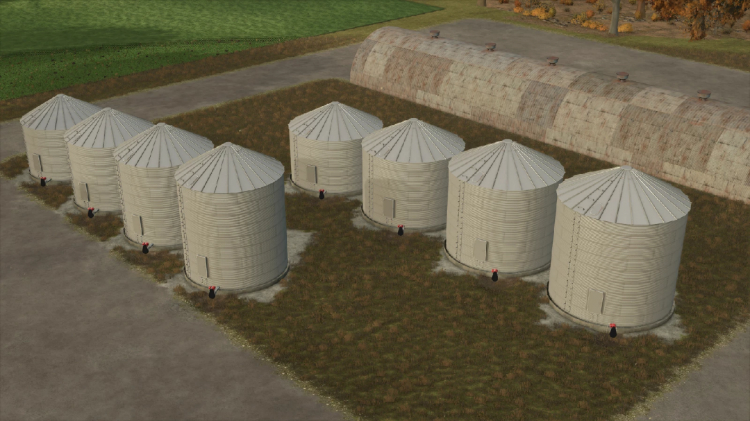 Eight grain bins in FS25 mod, showcasing 24' and 27' models on a farm, enhancing storage options in Farming Simulator 25.