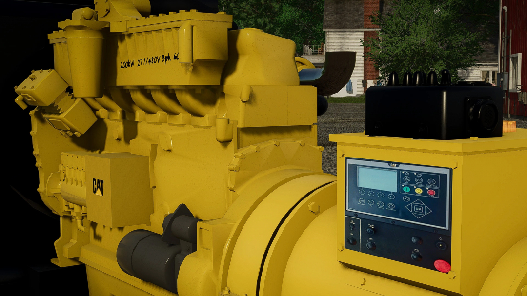 FS25 CAT 3406B Generator mod in Farming Simulator 25, featuring a detailed yellow engine with control panel.