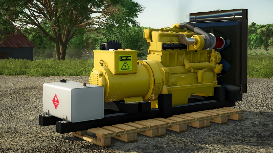 FS25 CAT 3406B Generator mod in Farming Simulator 25, featuring a yellow generator on a wooden pallet.