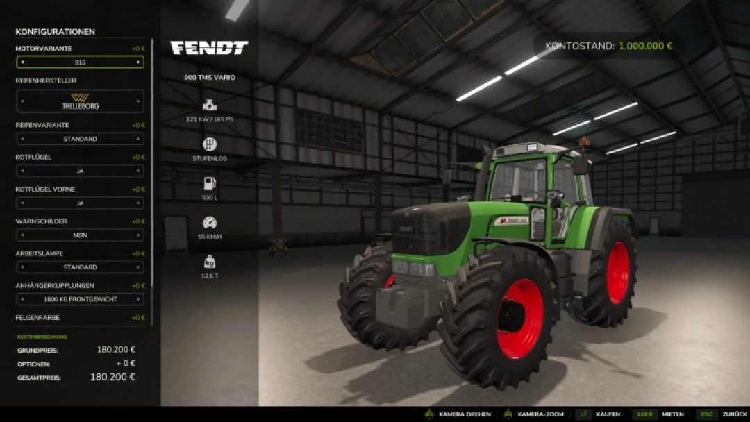 FS25 Fendt 930 TMS v1.0.0.0 mod display in Farming Simulator 25 garage with configuration options.