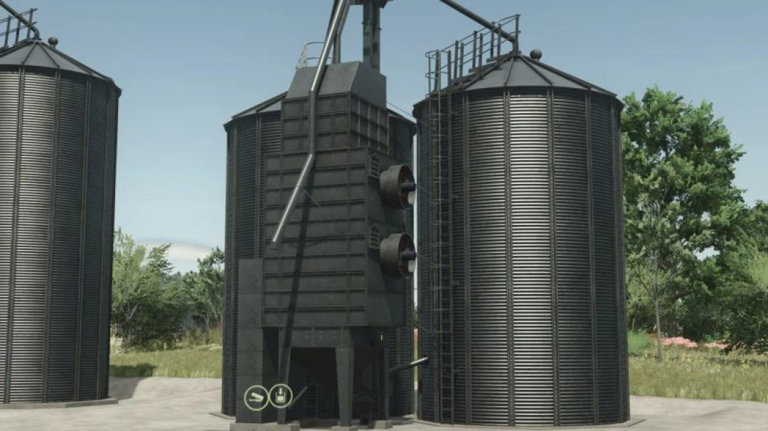 Old silo bins mod for Farming Simulator 25, featuring three large cylindrical storage units in a rural setting. FS25 mods.