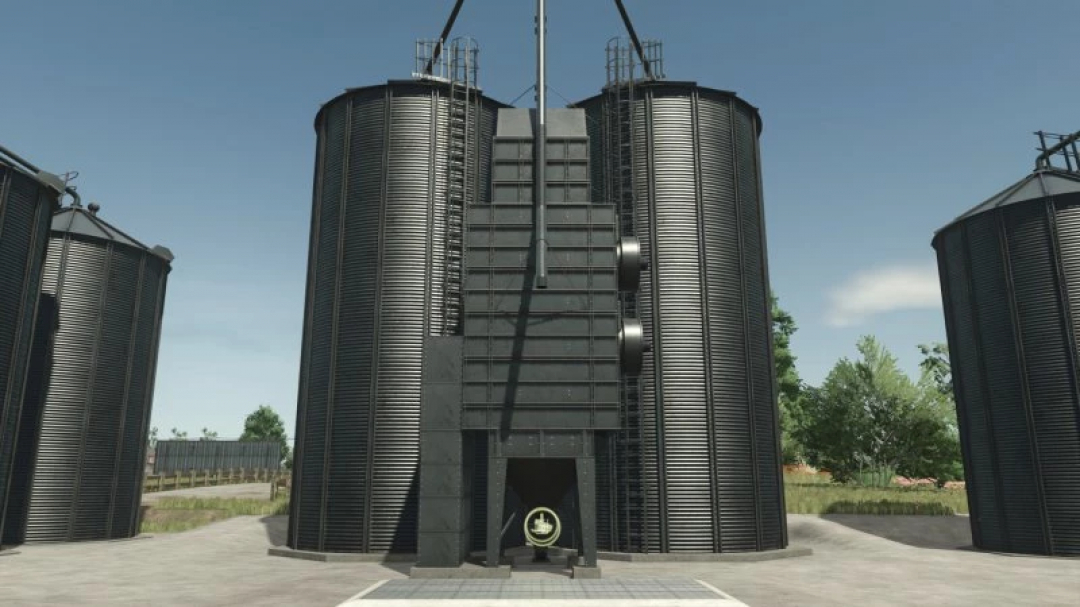 FS25 Old Silo Bins v1.0.0.0 mod showcasing large metal silos under a clear sky in Farming Simulator 25.