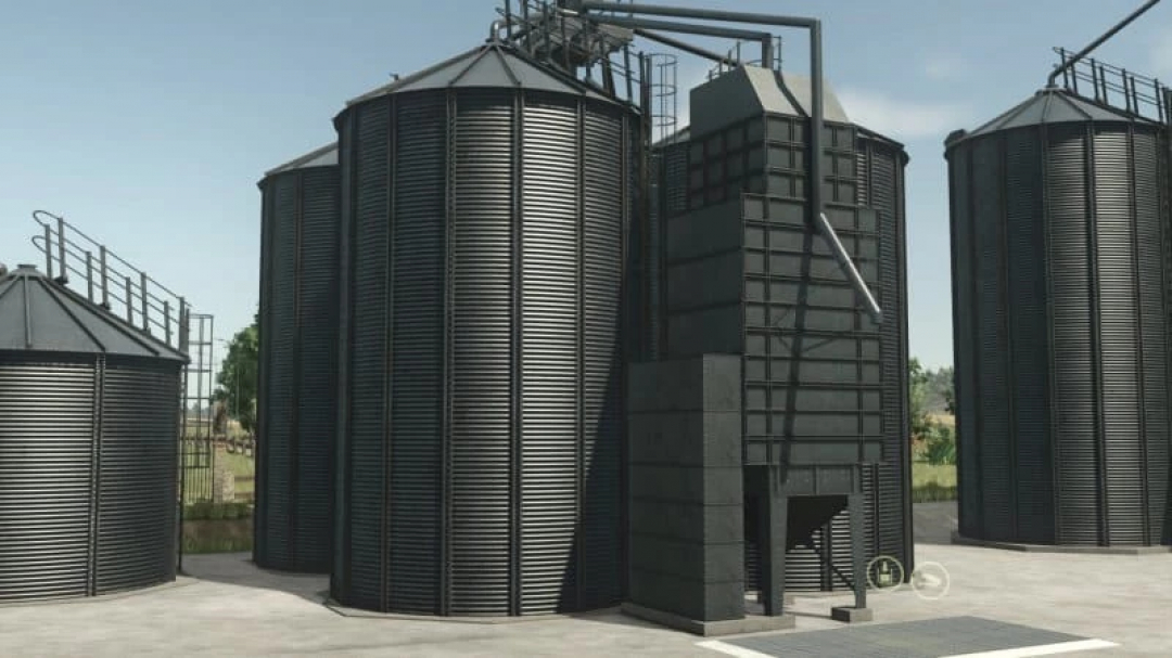 Old silo bins in FS25 mod, Farming Simulator 25. Large, dark metal structures for grain storage.