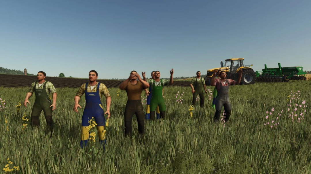 FS25 mod Fan Camp placeable animated v1.0.0.0 shows farmers standing in a field with a tractor in the background.