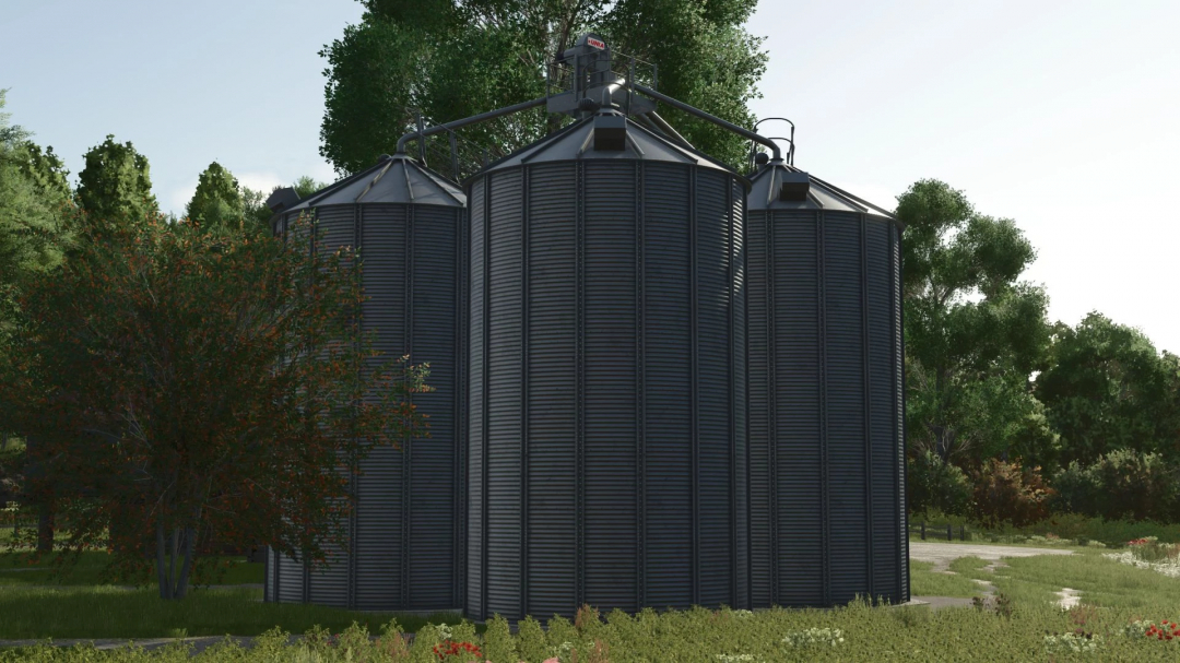 Farma800 Farmsilo MultiFruit in FS25 mod, featuring large silos surrounded by trees.