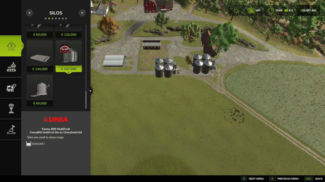 FS25 mods interface showing Farma800 Farmsilo MultiFruit silo options and prices.