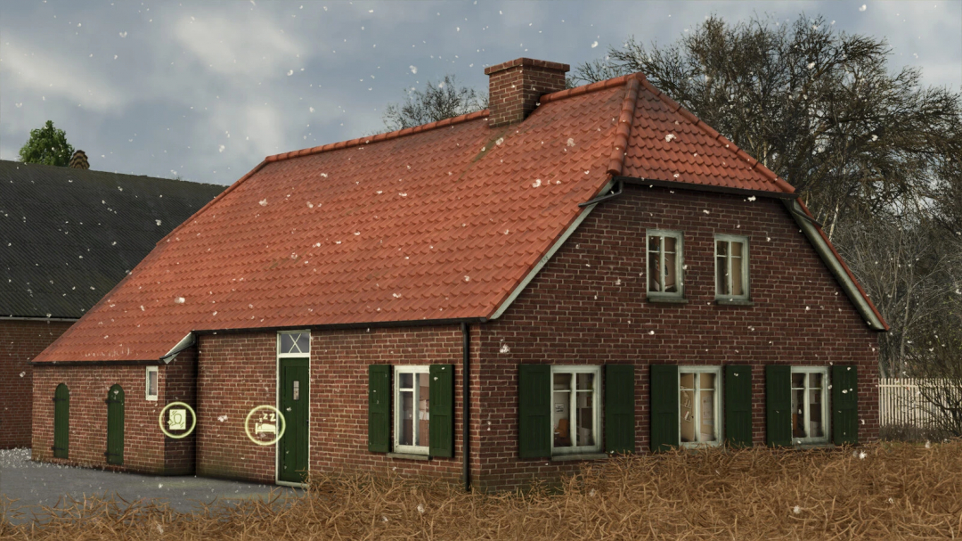 FS25 mod, Farmhouse Package Volume 3 v1.0.0.0 with brick house and red roof in snowy setting. Farming Simulator 25 mods.