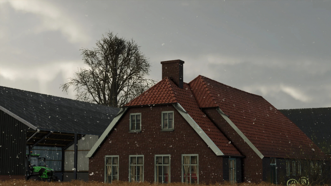 Farmhouse Package Volume 3 mod for FS25 featuring a brick house with a red roof, surrounded by snowy weather.