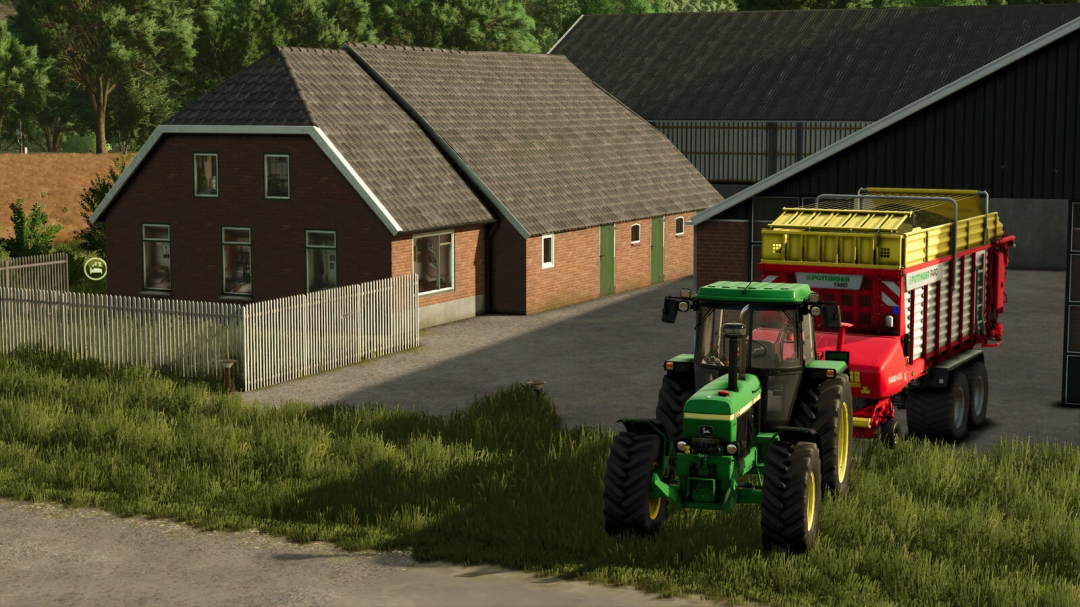 Farmhouse and tractor in FS25 Farmhouse Package Volume 3 mod. Brick house with fenced yard and green tractor in Farming Simulator 25.