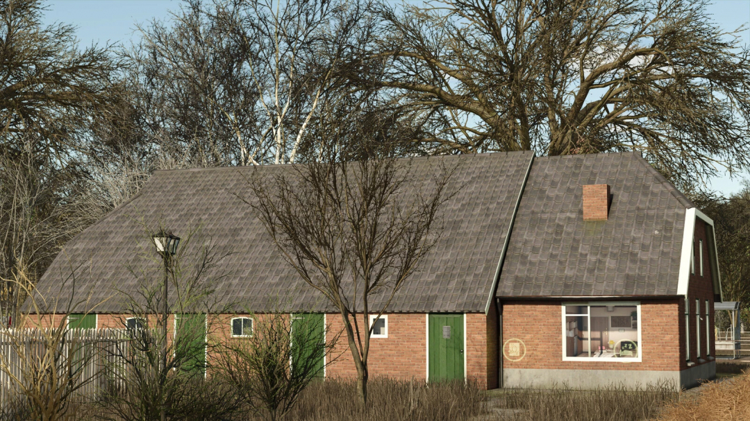 Farmhouse mod in Farming Simulator 25 featuring a rustic brick design with green doors, part of Farmhouse Package Volume 3 v1.0.0.0.