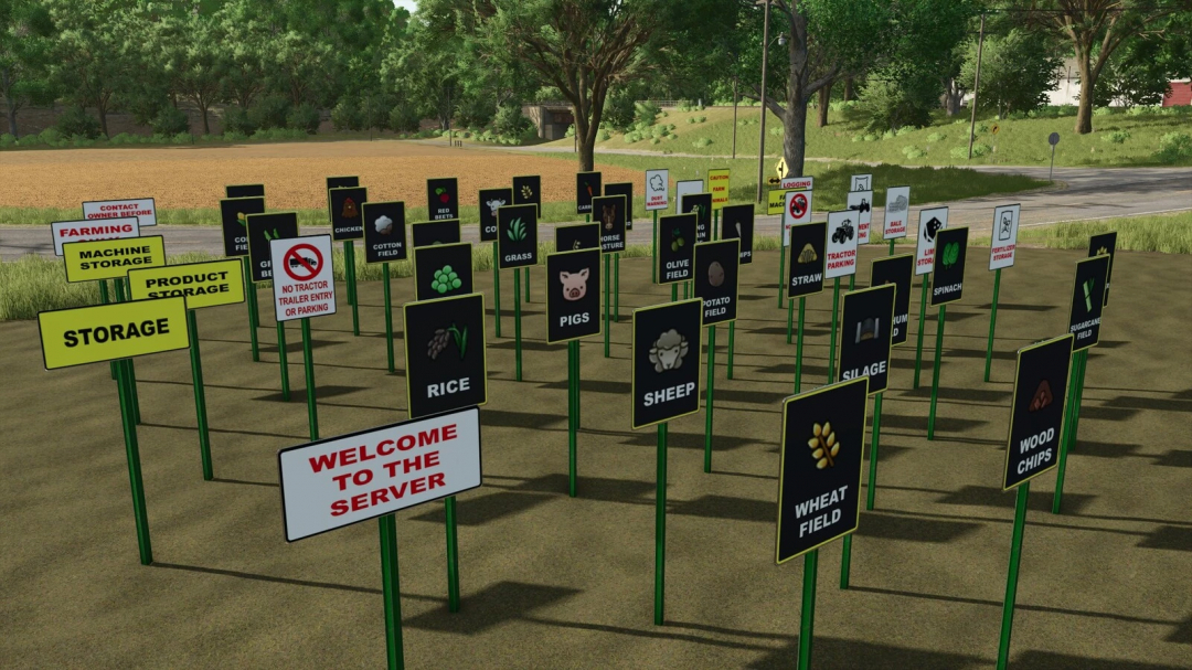 Image of various farming signs from the Farming Sign Pack v1.0.0.0 mod for FS25 displayed in a field.