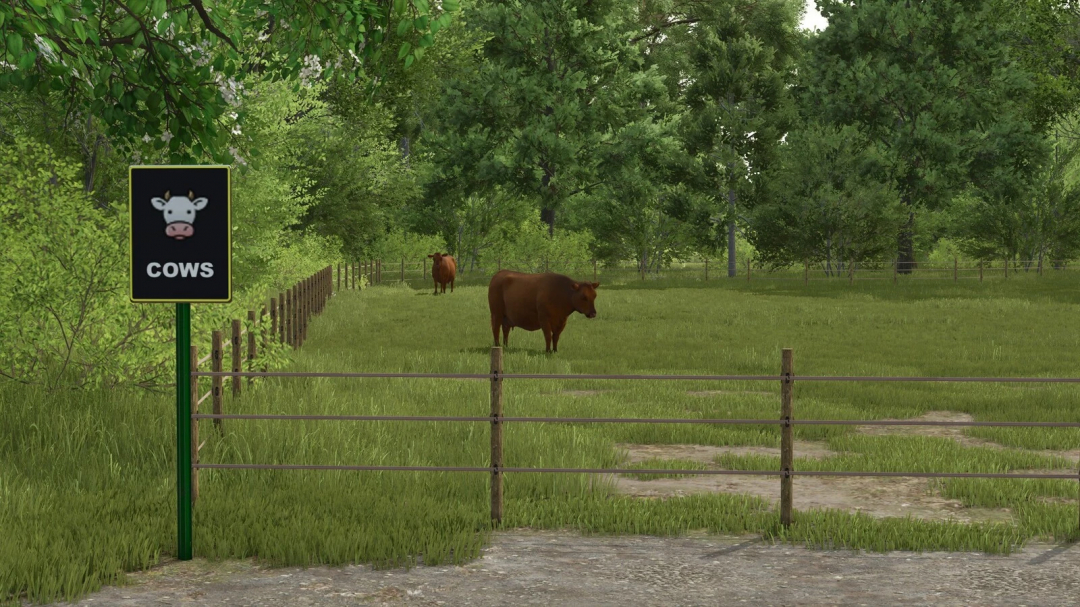 FS25 mod Farming Sign Pack v1.0.0.0: cow sign in a grassy field with cows and trees.