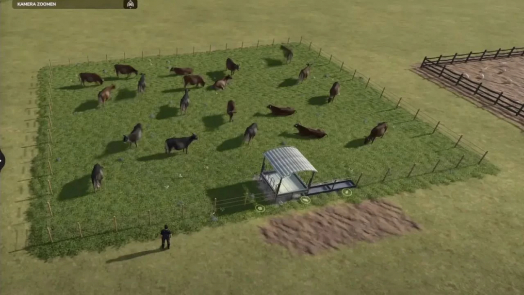 Overhead view of a cow pasture in FS25's Fed Mod Pack v1.2.0.1, showcasing grazing cattle and a feeding structure.