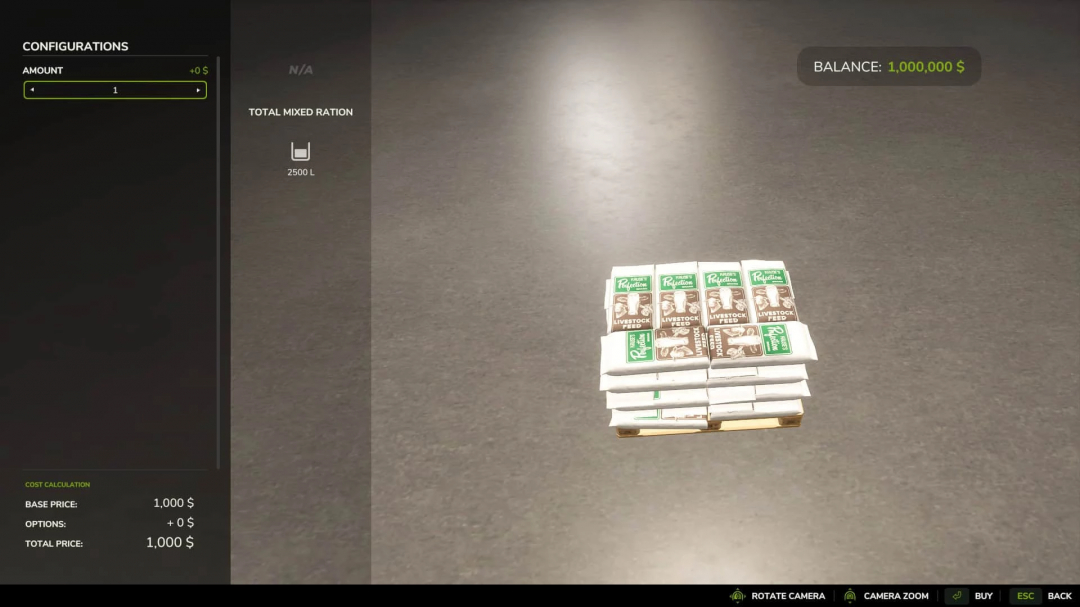 Feed pallets mod in FS25 showing livestock feed on a pallet, with configuration options and pricing details on screen.