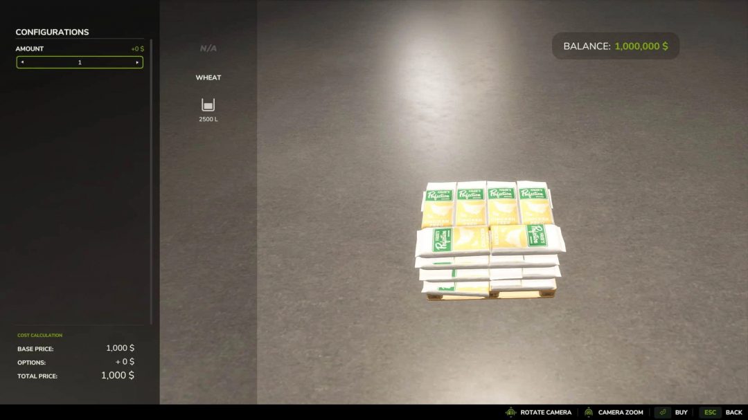 FS25 mod Feed pallets v1.0.0.0 showing wheat feed pallet, balance $1,000,000.