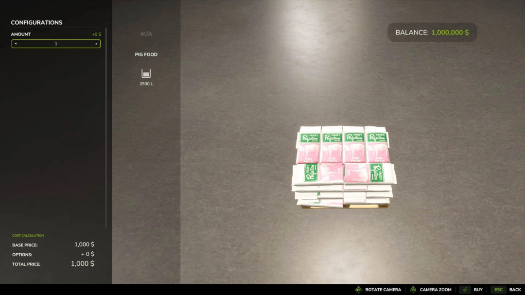 FS25 mod showing feed pallets of pig food with configurations and pricing on the screen.