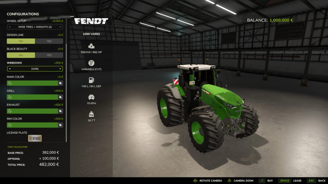 FS25 mod showing Fendt Vario 1000 Chip tractor customization options including wheel setup, color, and pricing.