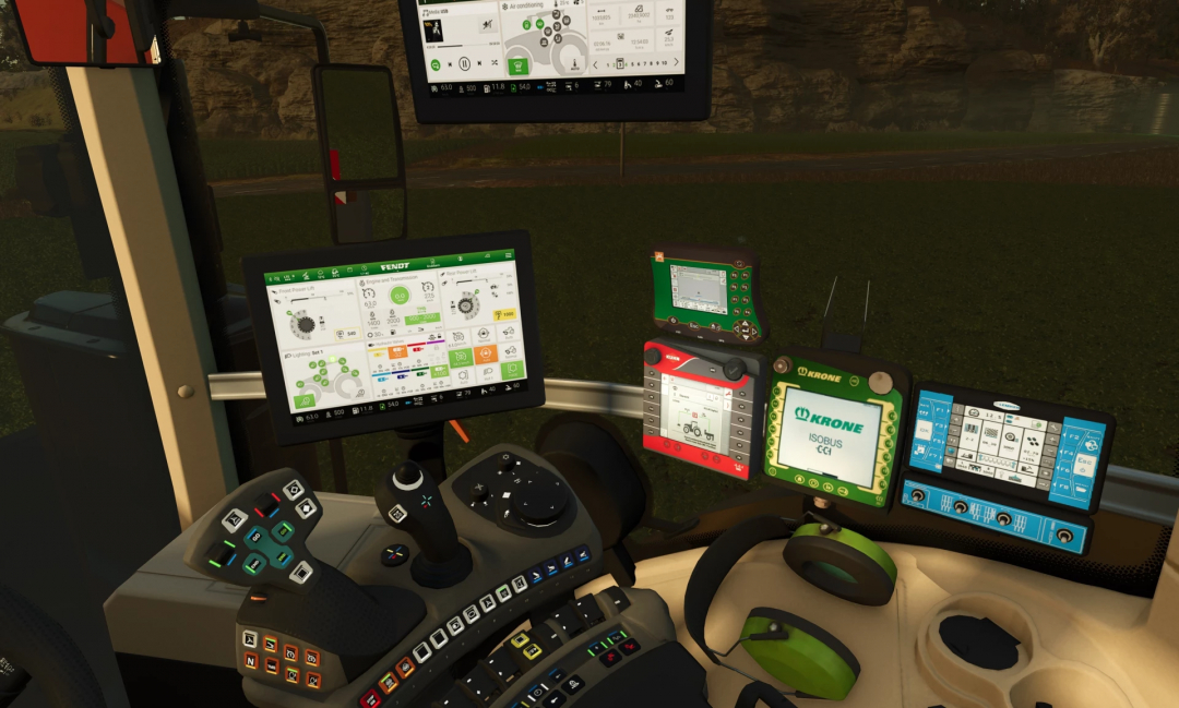 Interior of Fendt Vario 1000 V1.1 mod for FS25 showing dashboard controls and screens.