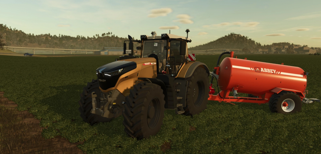 Fendt Vario 1000 tractor mod with red Abbey tank trailer in FS25 field.