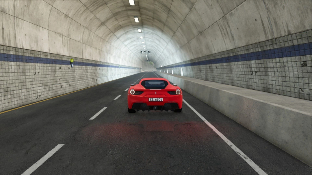 Ferrari 488 GTB mod in Farming Simulator 25 driving through a tunnel, showcasing detailed scenery in FS25 mods.