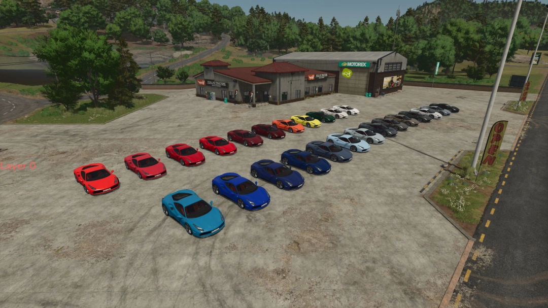 A variety of Ferrari 488 GTB cars displayed outside a garage in Farming Simulator 25 mod, showcasing different colors and settings.