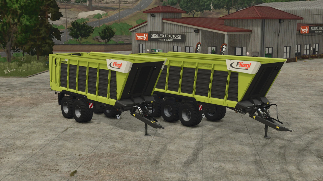 FS25 mod Fliegl CARGOS 750/760 displayed outside a tractor service center.