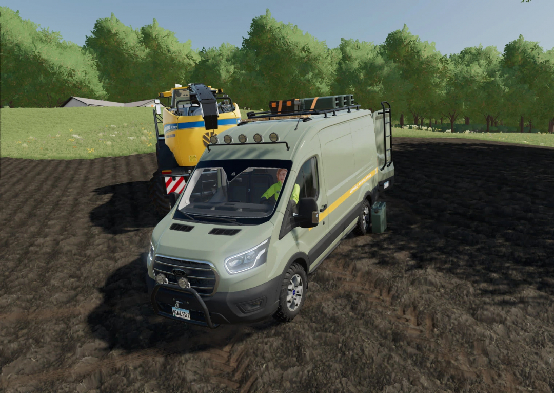 FS22 mod Ford Transit MK8 remake v1.0.1.0 shown on a farm field with agricultural equipment.