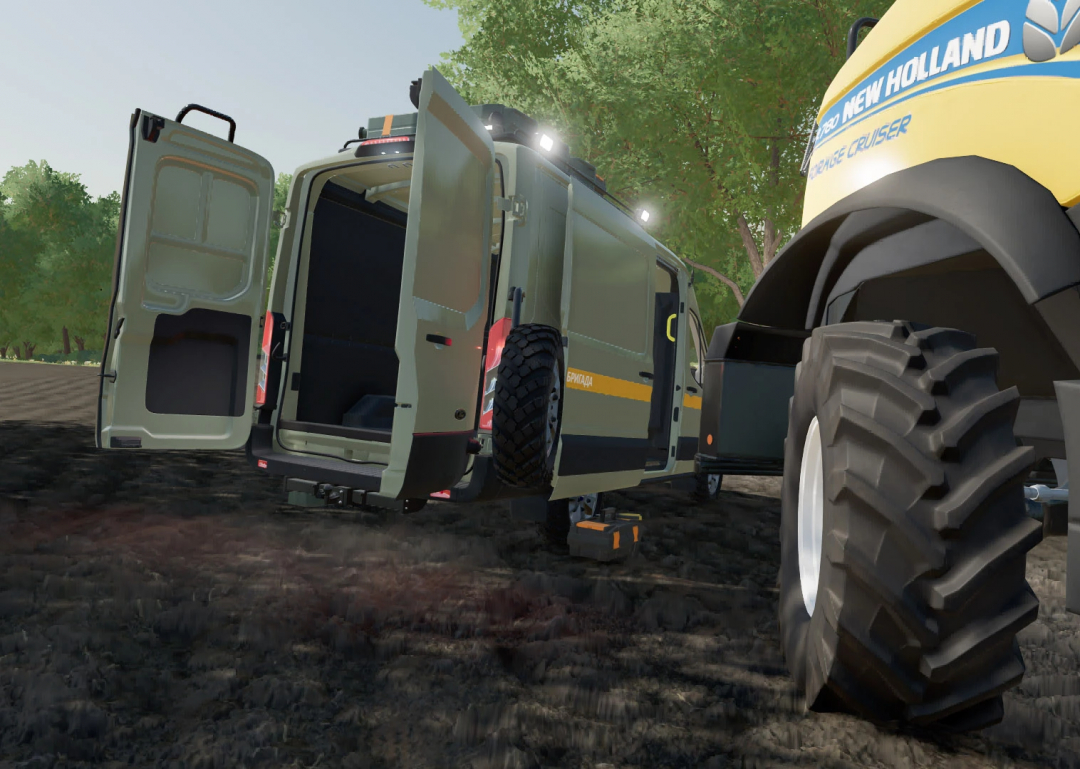 FS22 mod Ford Transit MK8 remake, open doors, and a New Holland forage harvester in a farm setting.