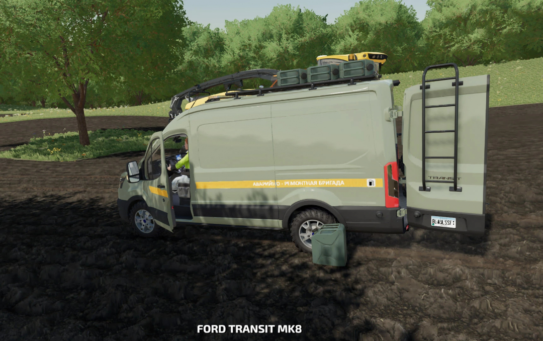 FS22 Ford Transit MK8 mod in a rural setting, showcasing vehicle features like side ladder and roof gear.