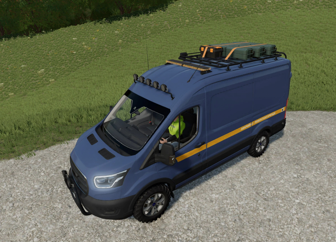 Ford Transit MK8 mod in FS22 featuring blue van with roof cargo, enhancing Farming Simulator 22 gameplay.