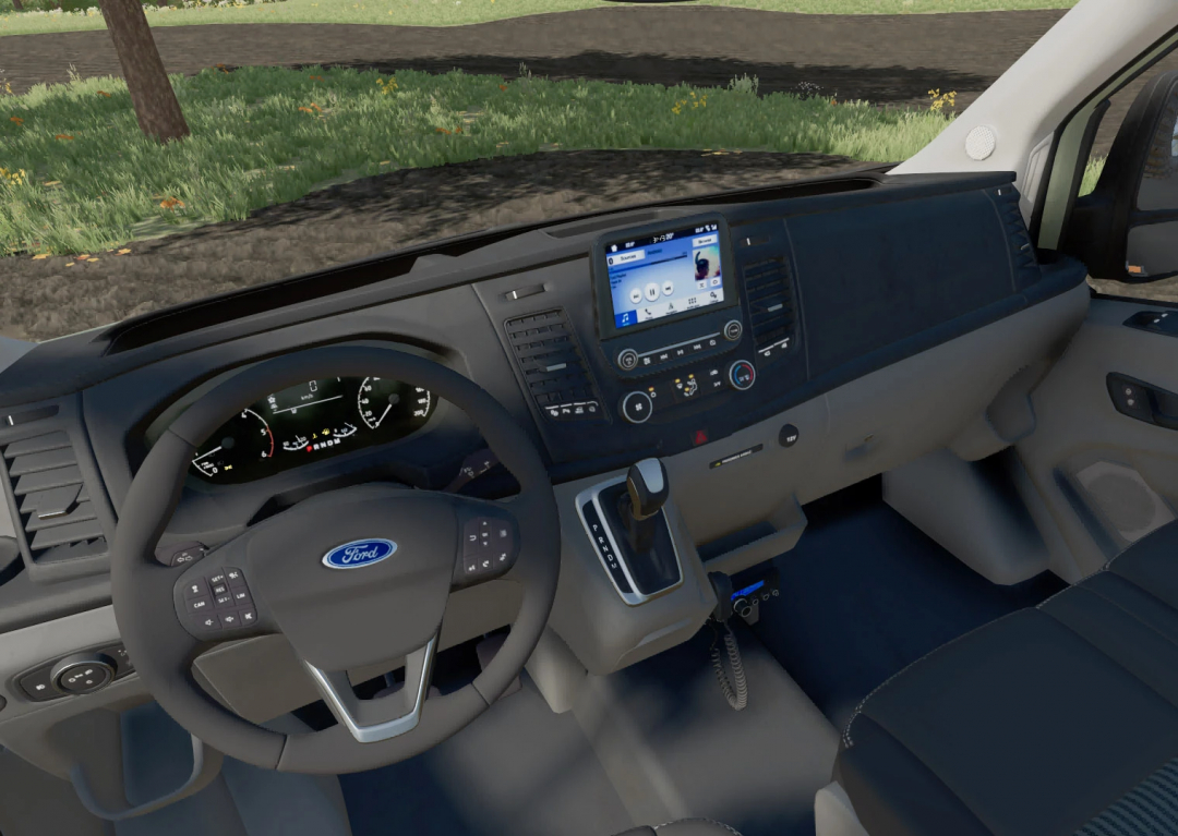 Interior view of Ford Transit MK8 mod in FS22, showcasing dashboard and steering wheel