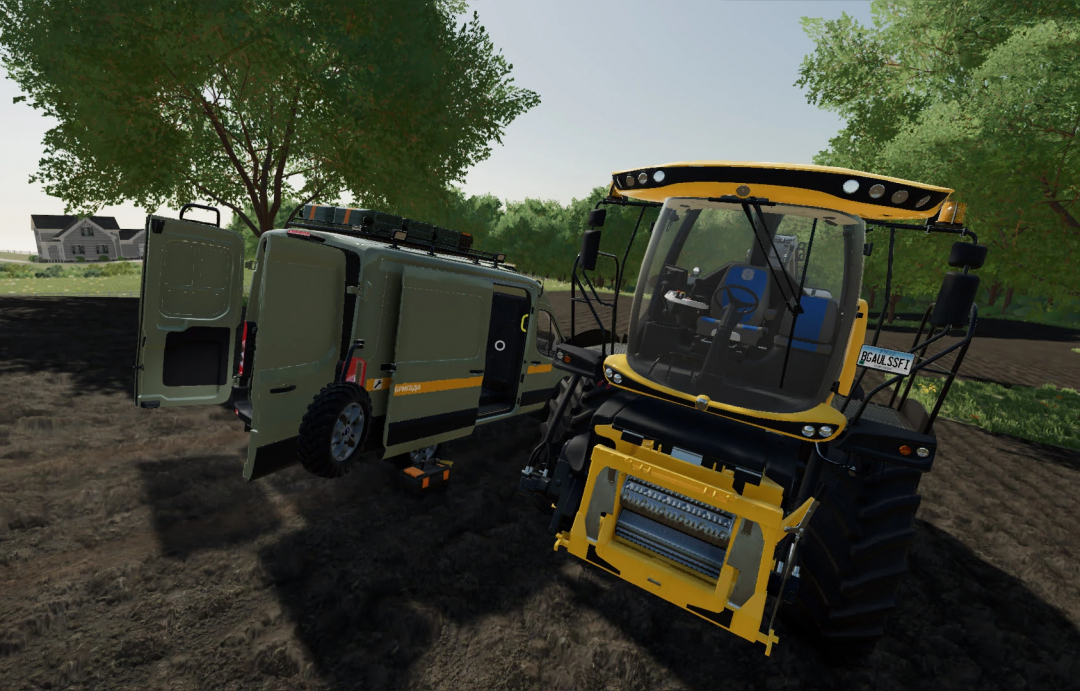 FS22 mod Ford Transit MK8 v1.0.1.0 next to yellow tractor in Farming Simulator 22.