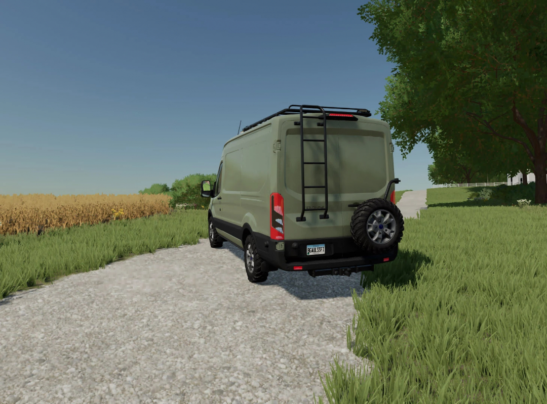 FS22 mod Ford Transit MK8 remake on a rural road with fields and trees, showcasing Farming Simulator 22 mods.