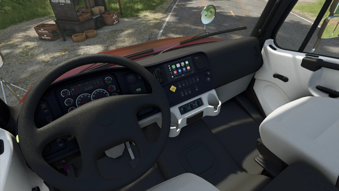 Interior view of Freightliner M2 Stakebed truck in FS25 mod, showcasing detailed dashboard and controls for Farming Simulator 25.