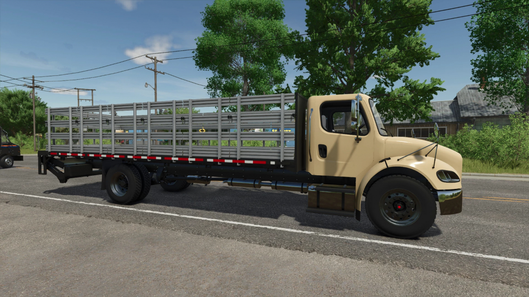 Freightliner M2 Stakebed AutoLoad in FS25, showcasing realistic mod features.