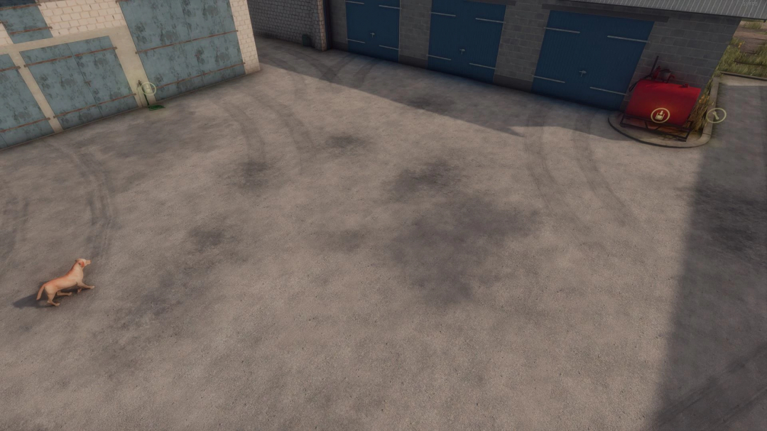 FS25 mod image showing ground stains decoration near blue garage doors with a dog on the side.