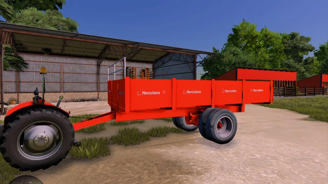 HERCULANO agricultural trailer mod for FS22 near farm buildings.