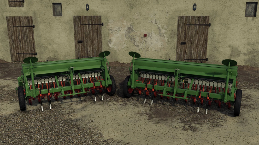 FS25 mods: Hassia Pack v1.0.0.0 showcasing green agricultural machinery against a farm building.