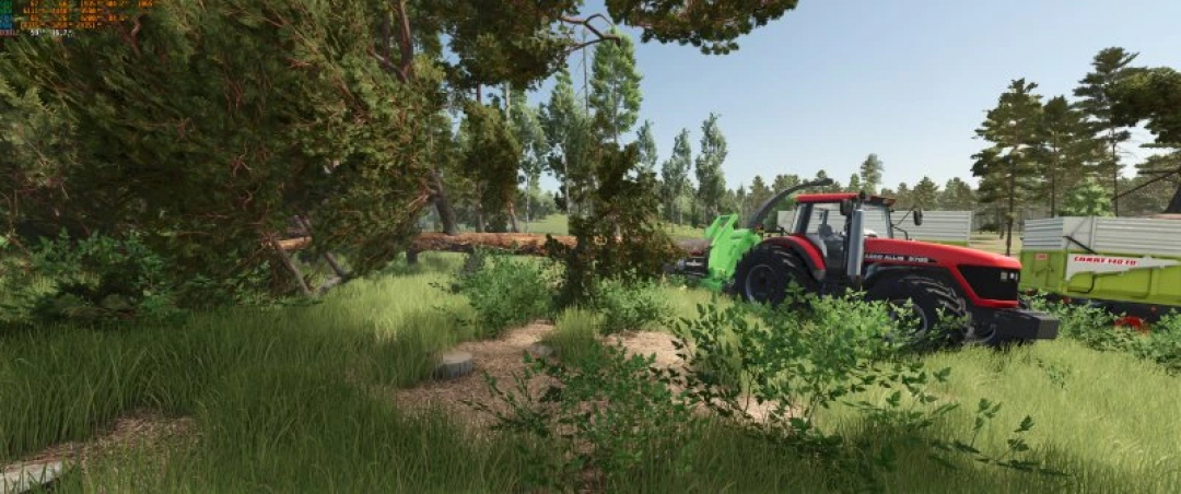 FS25 mods: Heizomat HM 10-500 KF edit with tractor in forest setting, Farming Simulator 25.