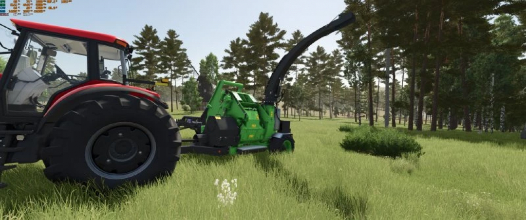 Heizomat HM 10-500 KF edit mod in FS25, attached to a tractor, chopping wood in forest.