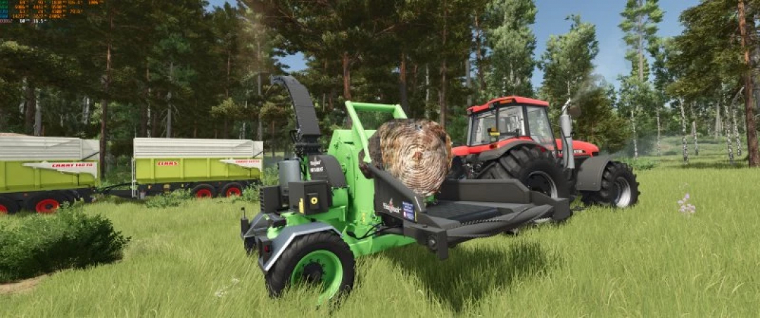 Heizomat HM 10-500 KF wood chipper mod in FS25, with a tractor and trailers in a forest setting.