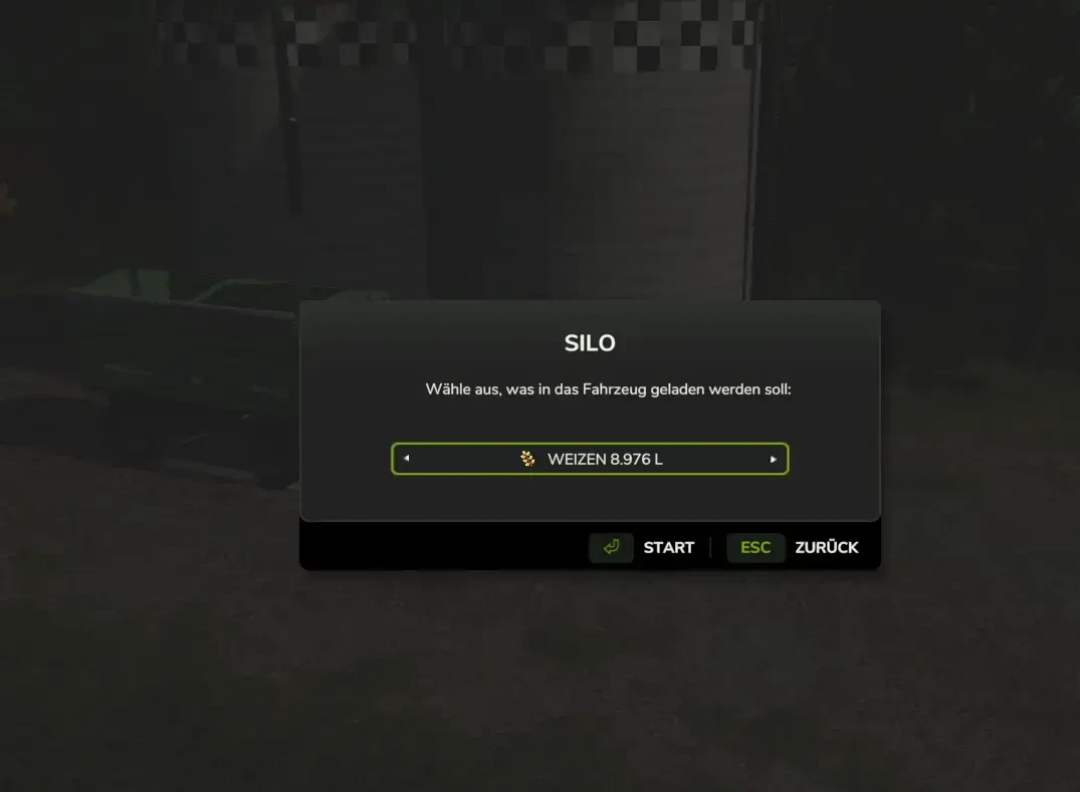 FS25 mod interface showing silo fill type selection with 8976L of wheat in Farming Simulator 25.