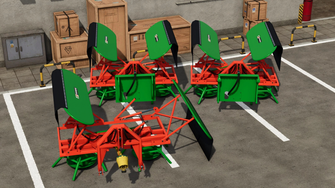 Holaras Jumbo v1.0.0.0 mod for FS25 showing vivid red and green agricultural equipment in a parking lot.