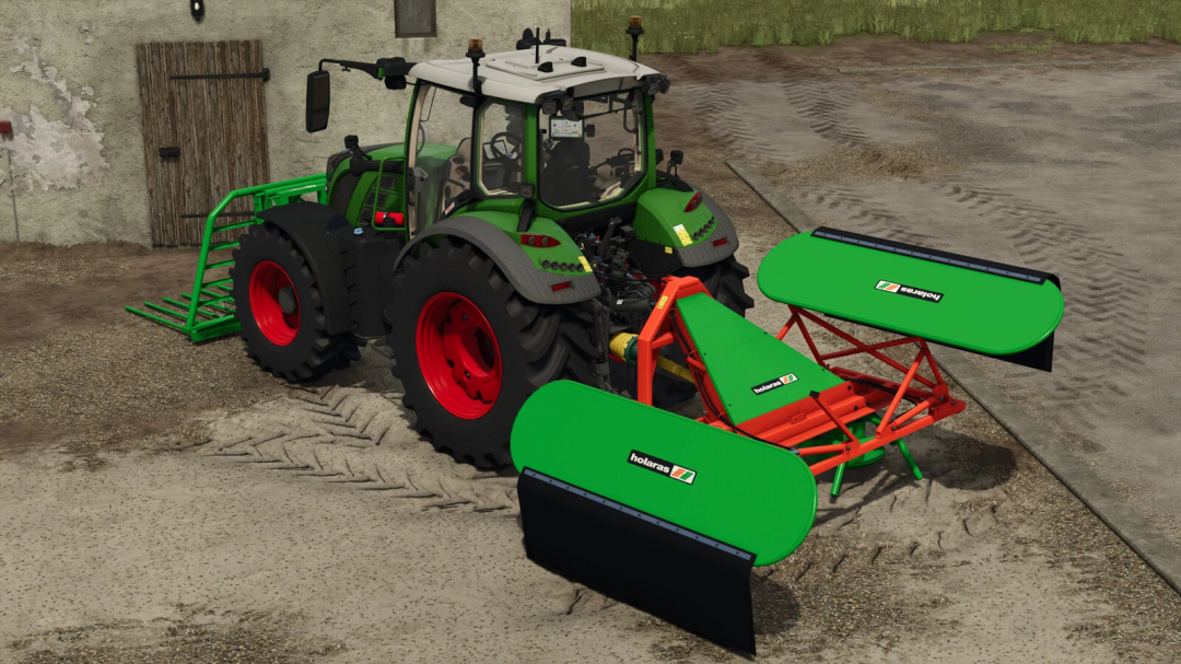 FS25 mod Holaras Jumbo v1.0.0.0 showing a tractor with attached plow in a farmyard setting.