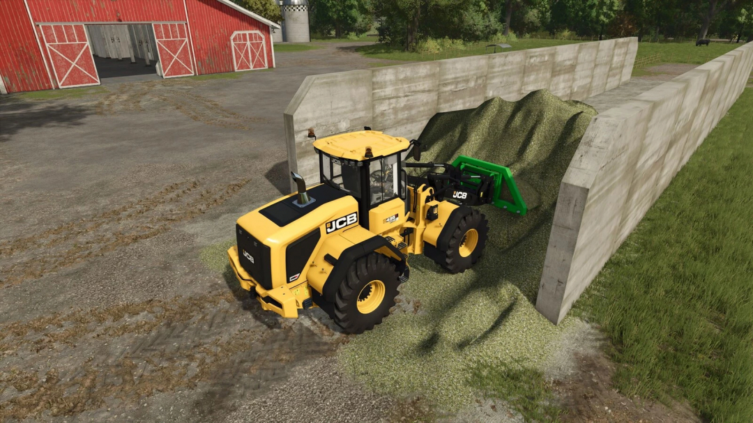 JCB tractor using Holaras Silage Pack mod in Farming Simulator 25, compacting silage in a bunker.