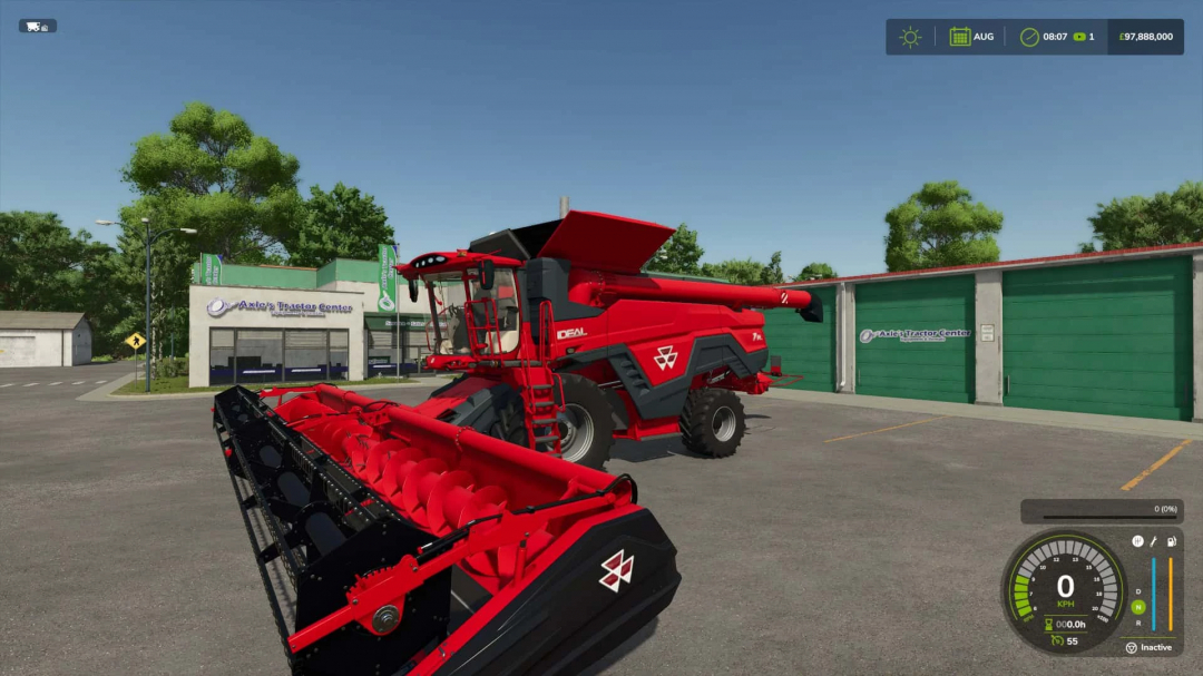 Red harvester outside a tractor center in FS25 Huge Mod Pack 4 By Stevie.