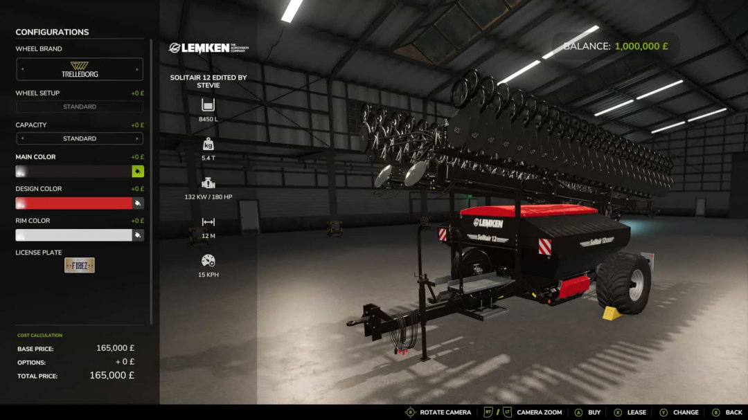 FS25 Huge Mod Pack 4 by Stevie featuring Lemken Solitair 12 in a garage with configuration options displayed.